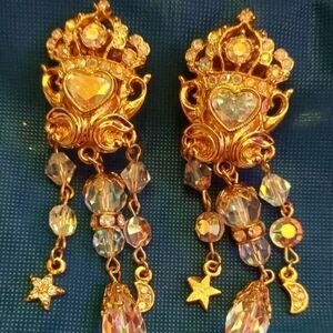 Kirk's Folly Imperial Crown Heart Shaped Dangle Gold Tone Clip-On Earrings 1990s
